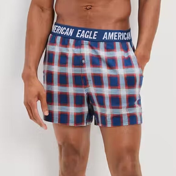 *NWT AEO Men's Plaid Ultra Soft Boxer Short Navy Plaid M - Picture 1 of 4
